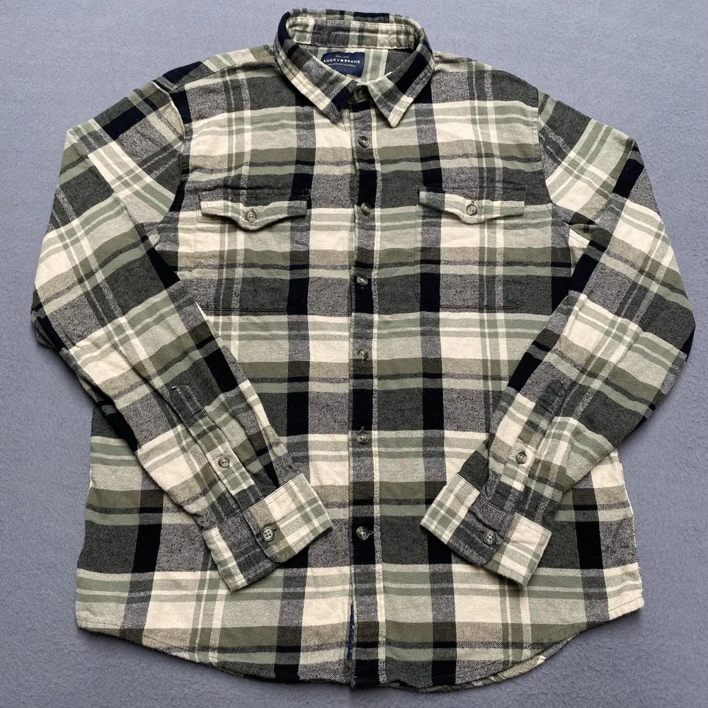 Lucky Brand‎ Shirt Mens Medium Green Gray Plaid Flannel Button Up Long Sleeve